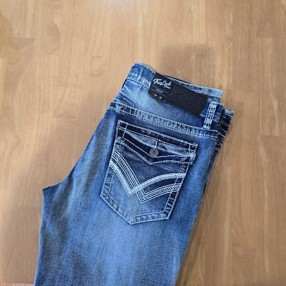NEW True Luck Straight Fit Stretch Jeans Men's Sz 34x30 Flap Pockets‎ NWT